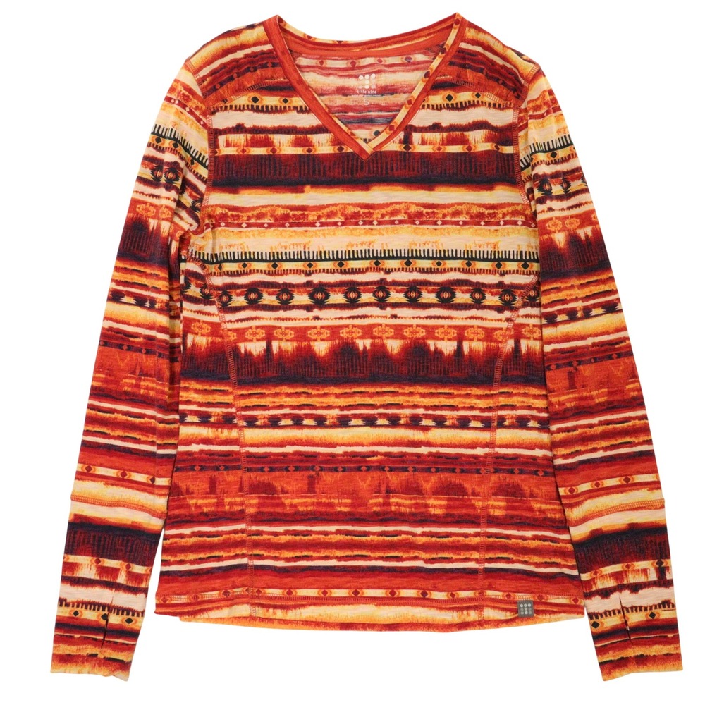 Title Nine Top Southwestern Print Thumbholes V-Neck Orange Base Layer Women S